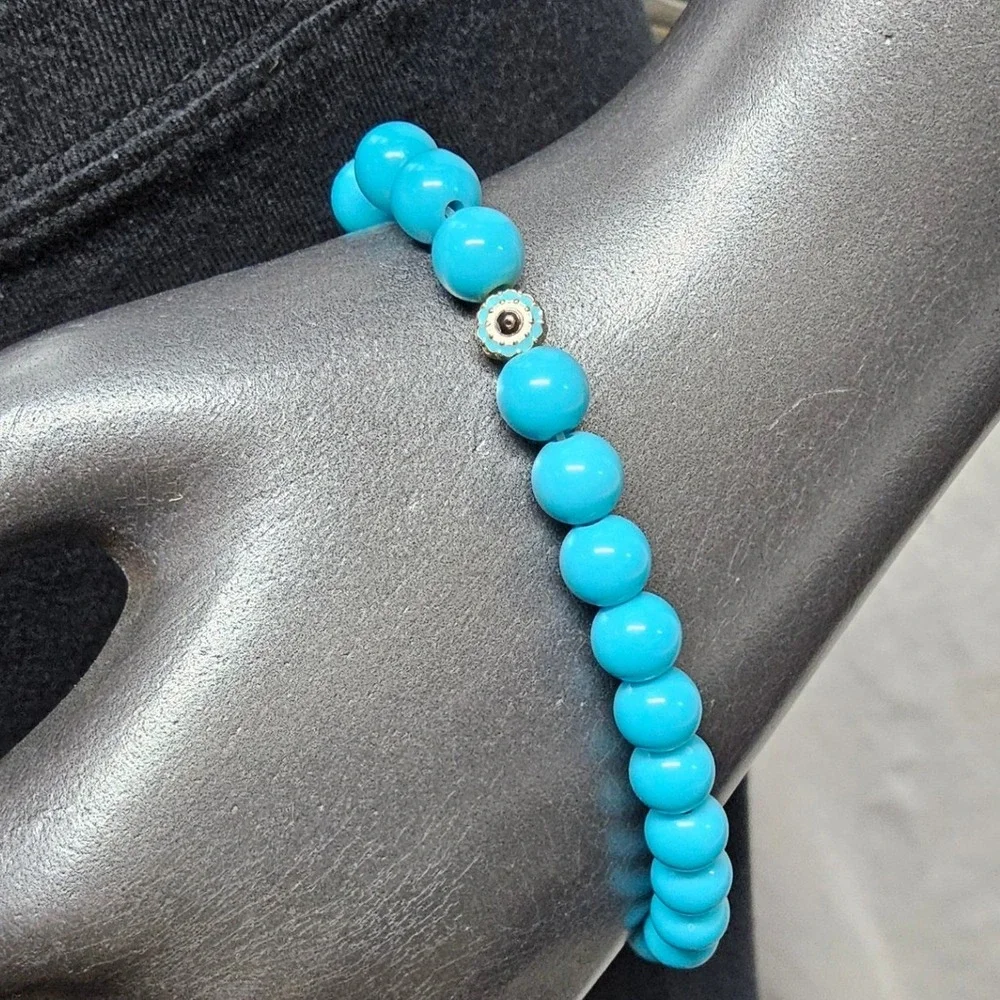 Evil Eye Beaded Bracelet Women OS Turquoise Blue Faux‎ Stone Stretch